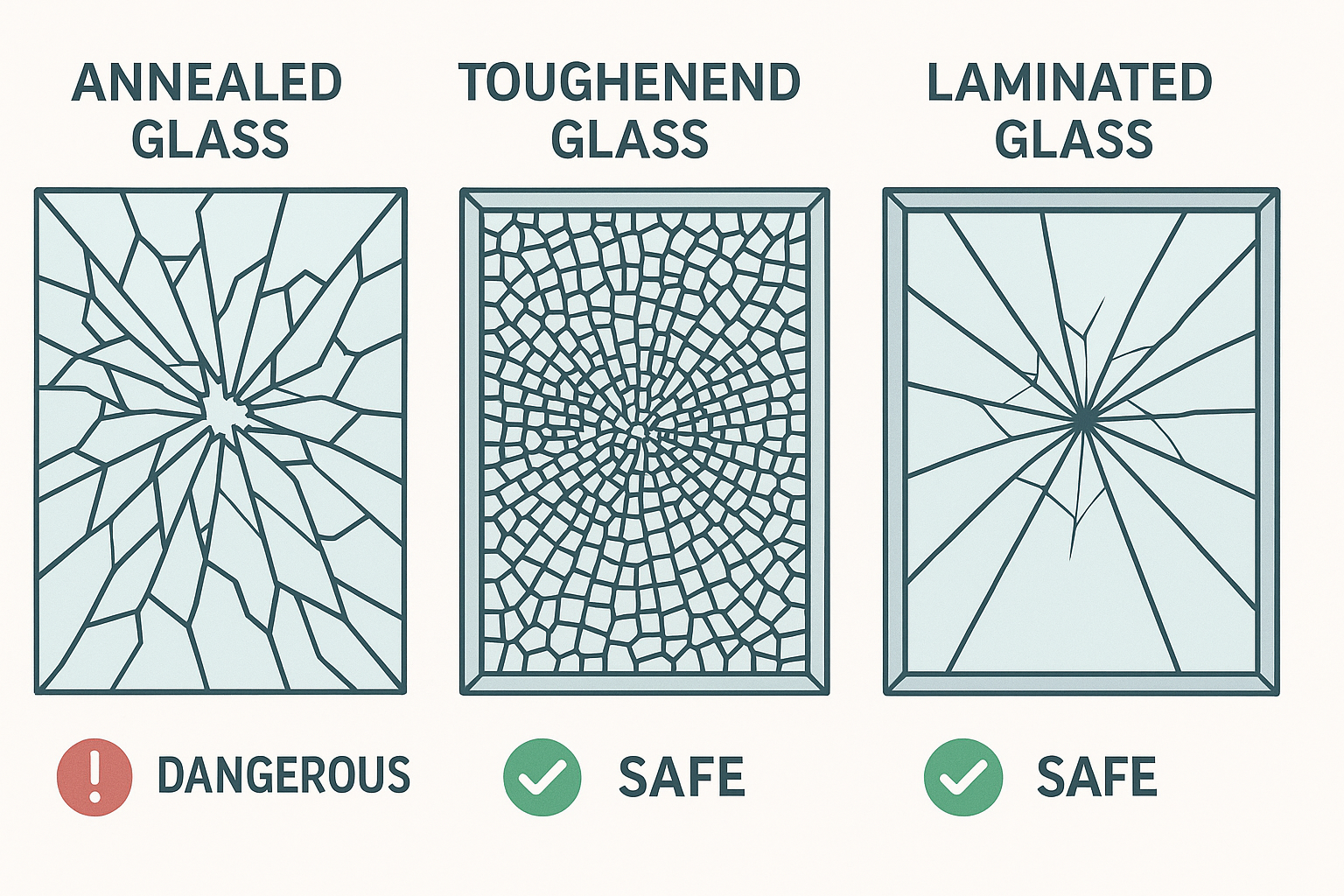 Comparison of different glass breakage patterns