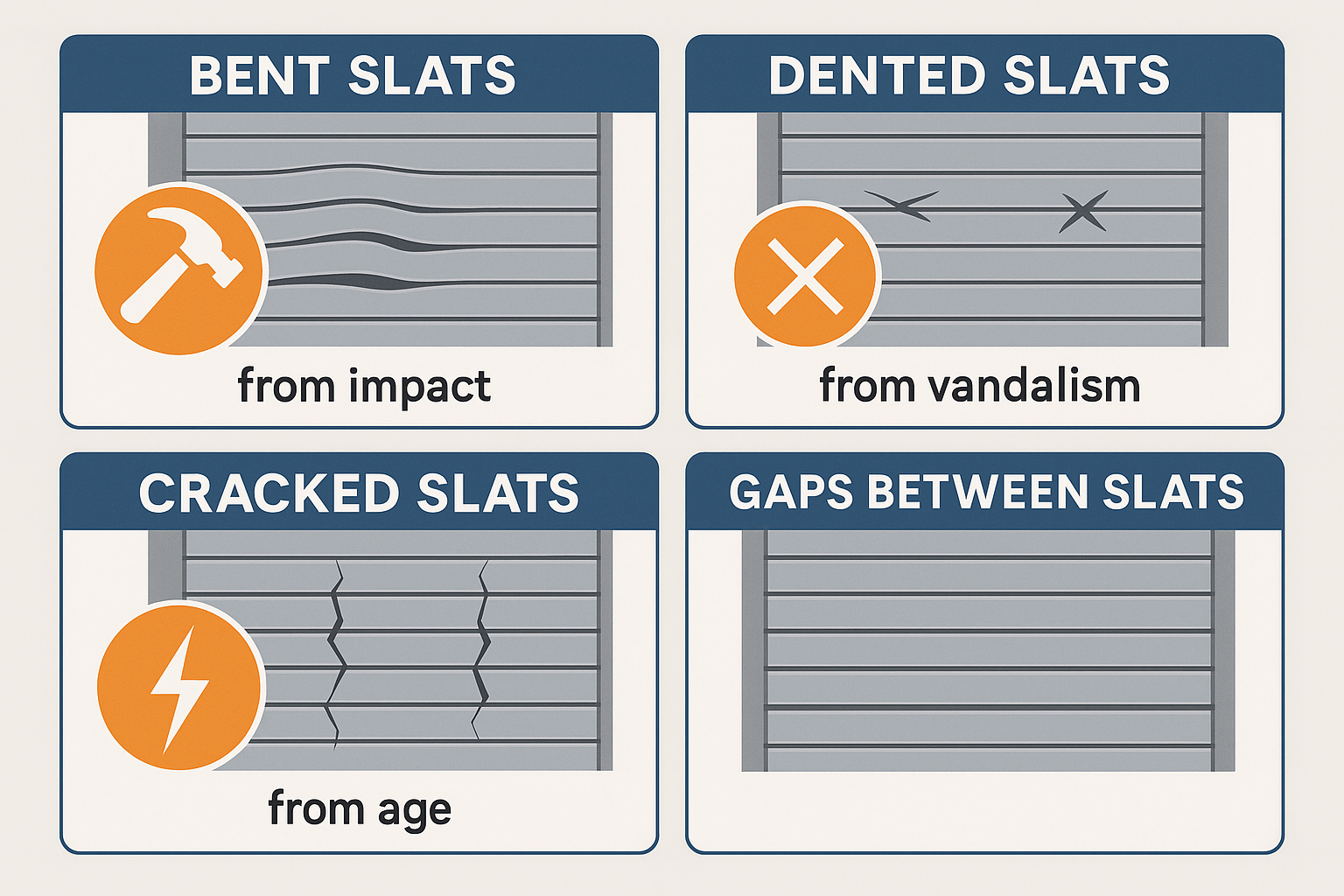 Types of roller shutter slat damage