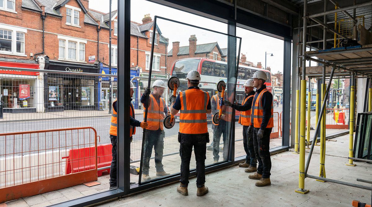 Professional shop front installation team at work