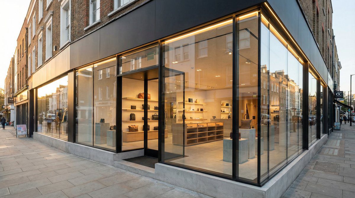 Modern minimalist shop front with slim aluminium frames and expansive glass
