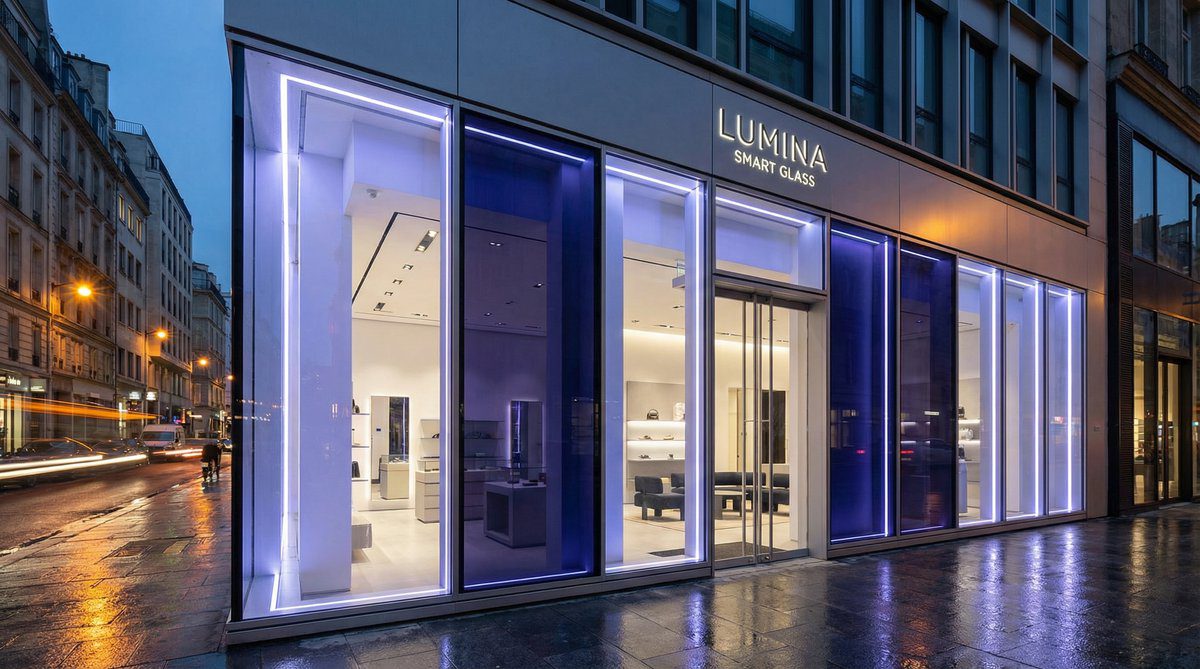 Smart glass shop front with switchable privacy and integrated LED lighting