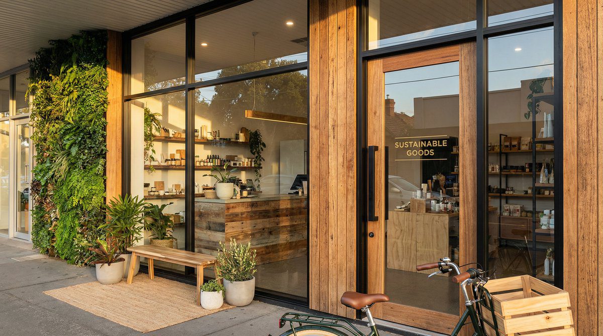 Sustainable shop front using recycled aluminium and FSC-certified timber