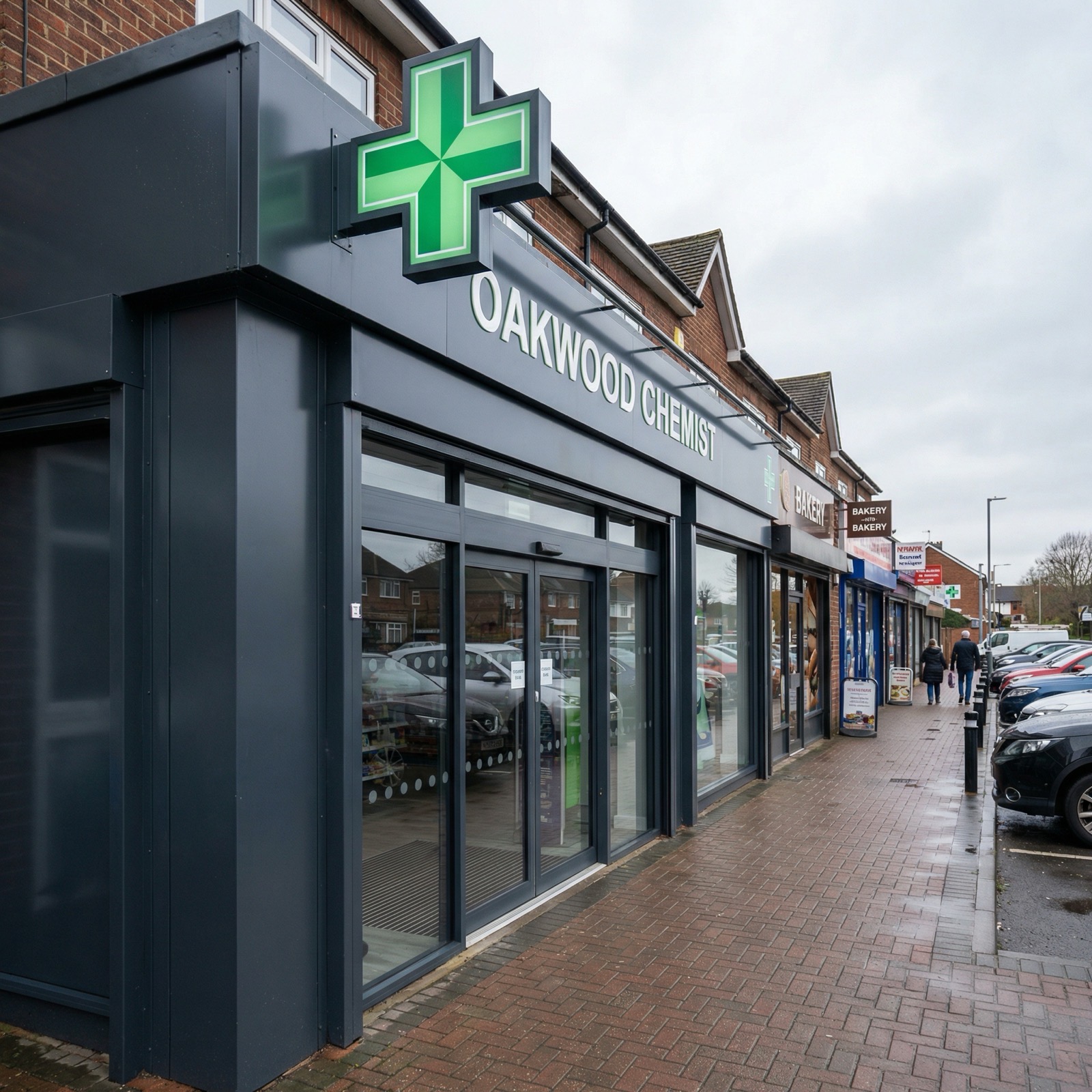 Anthracite grey aluminium shop front with automatic door
