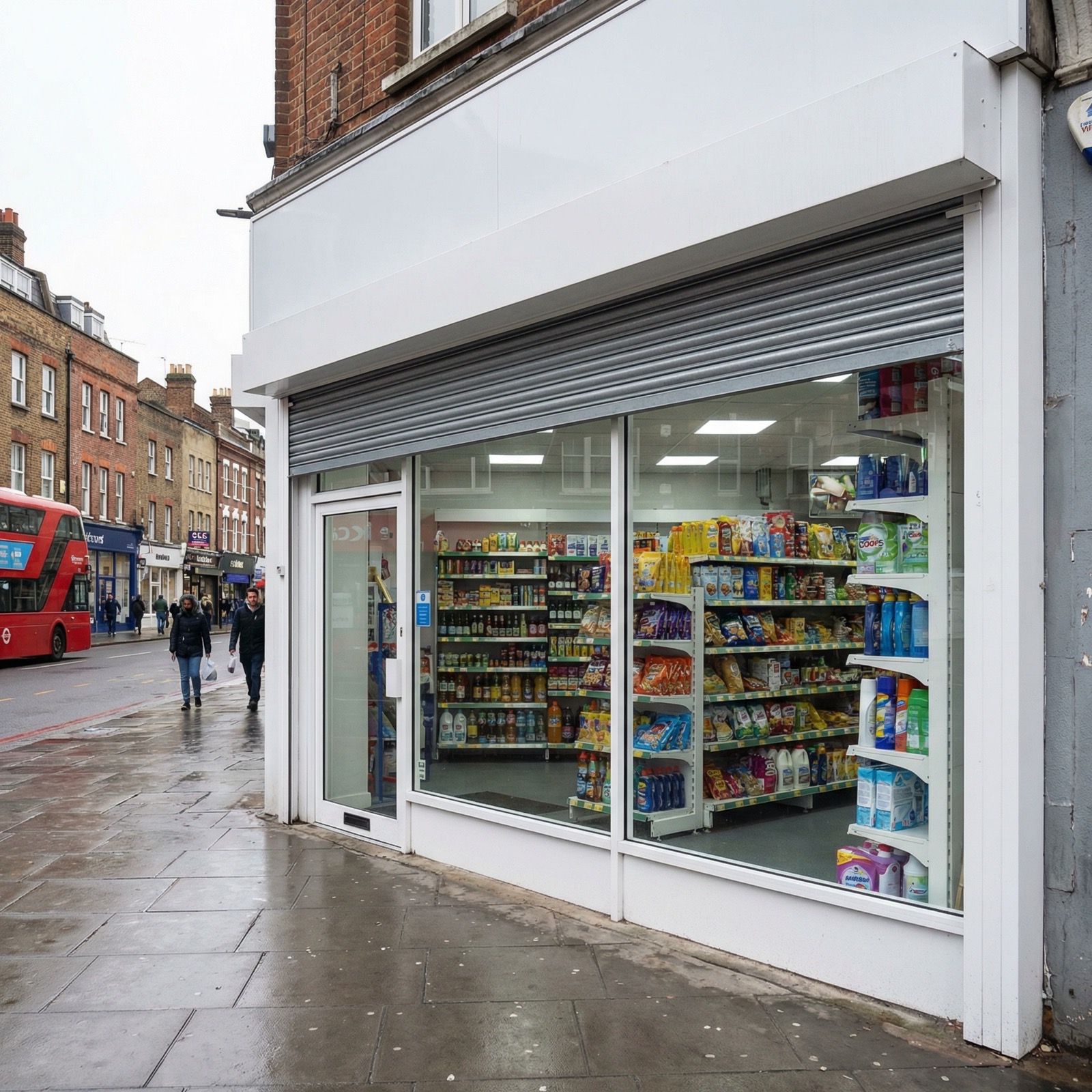 Aluminium shop front with roller shutter installed above
