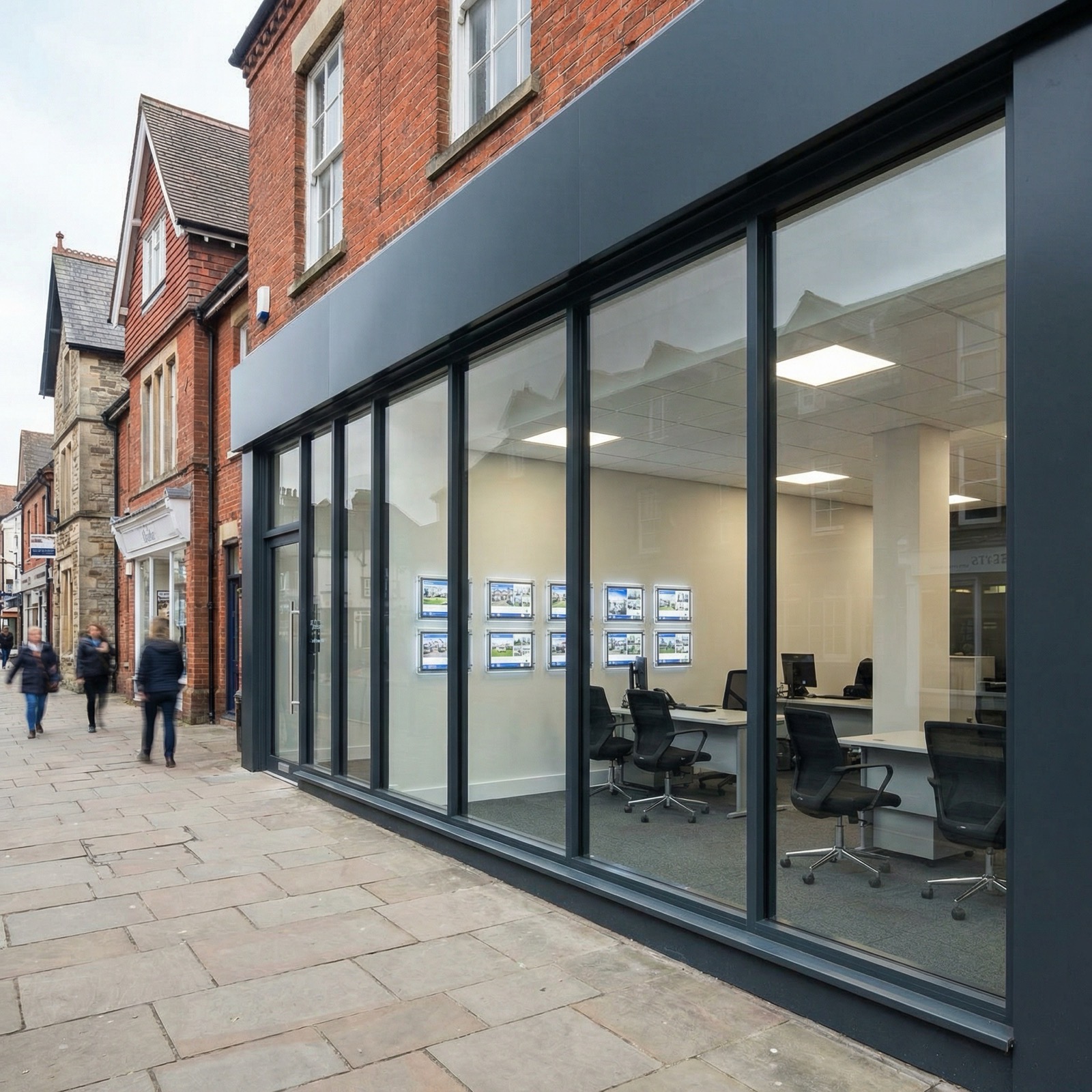 Anthracite aluminium shopfront for estate agent office