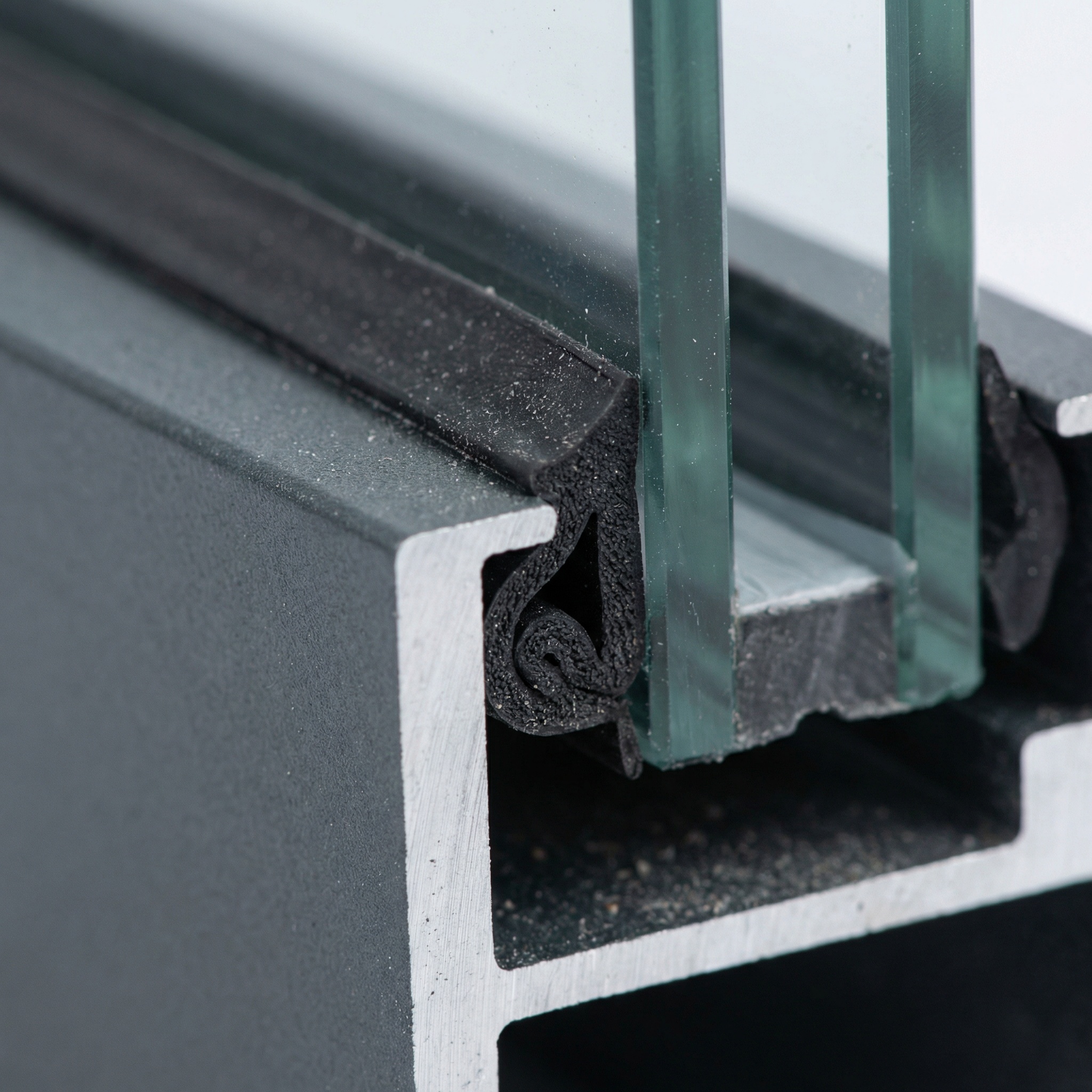 Close-up of aluminium shop front frame showing slim profile and toughened glass