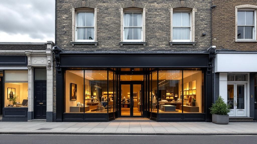 Bespoke aluminium shop front with powder coated frame and toughened glass panels