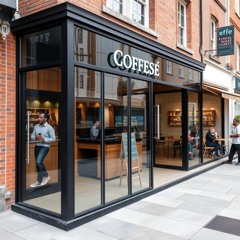 Toughened glass shopfront for coffee shop and cafe