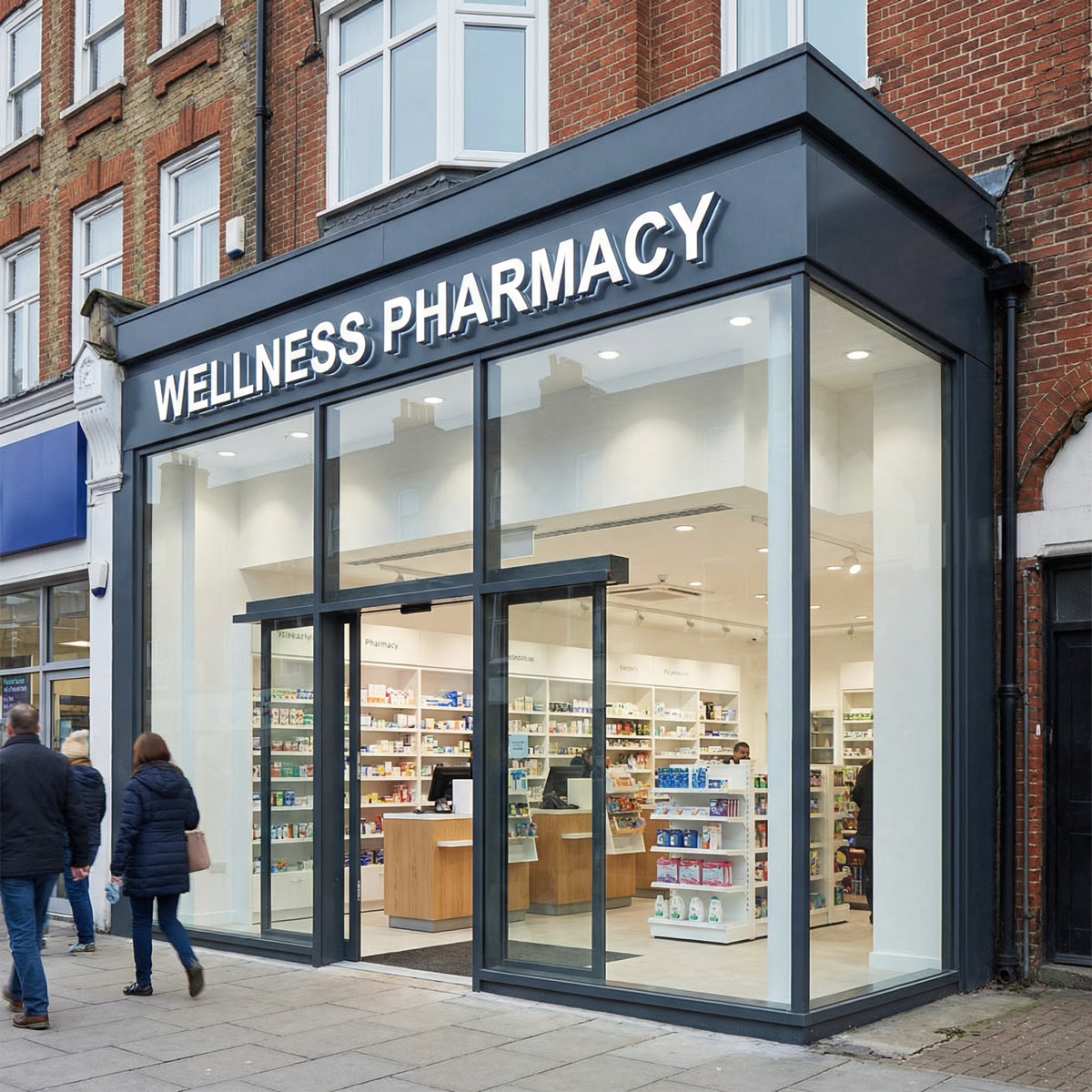Toughened glass shop front with aluminium frame for pharmacy
