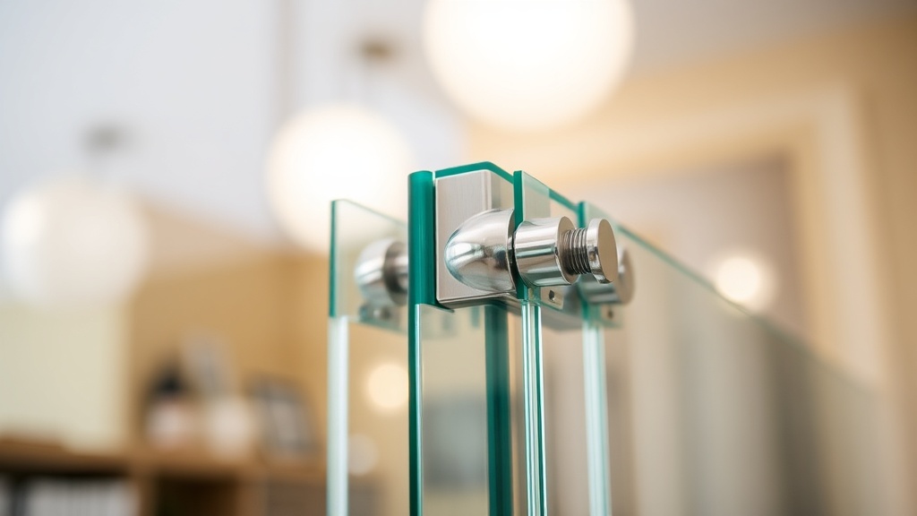 Close-up detail of toughened glass shop front panel with patch fitting hardware