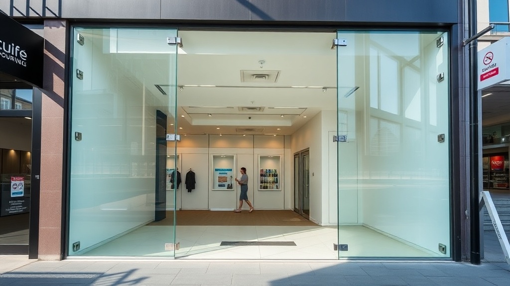 Frameless toughened glass shop front installation on UK high street