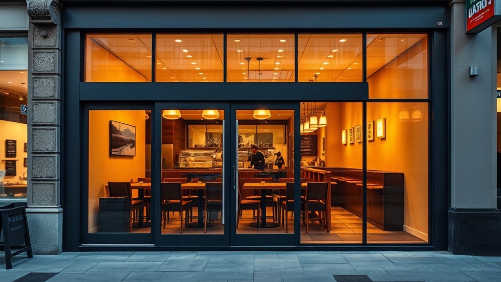 Modern toughened glass shop front with automatic door for restaurant