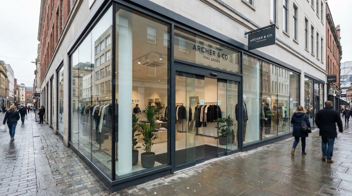 Toughened glass shop front with aluminium frame for retail store