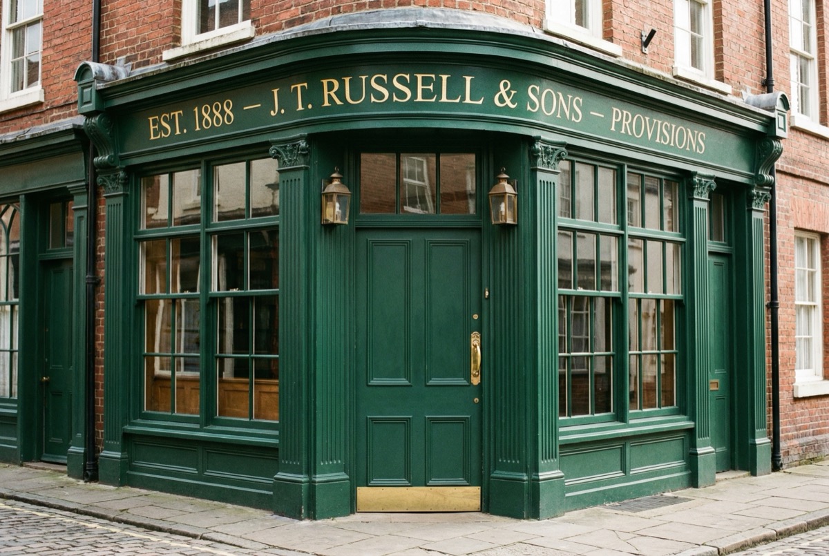 Traditional heritage timber shop front with ornate mouldings and painted finish