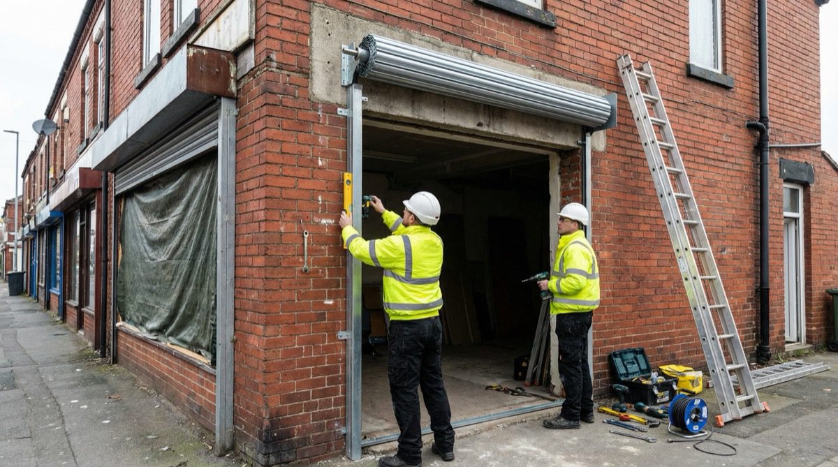 Roller shutter being installed on UK commercial property