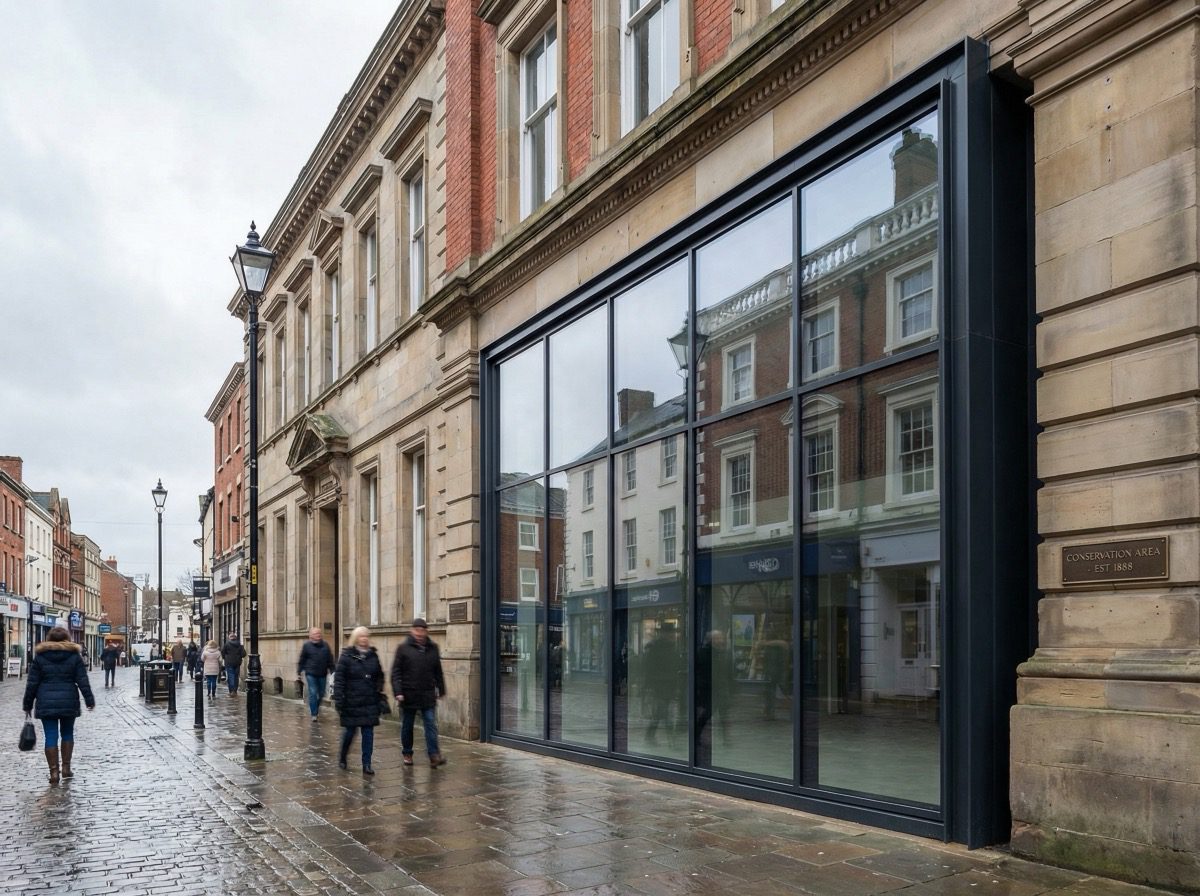 Building with mixed facade combining curtain wall and cladding